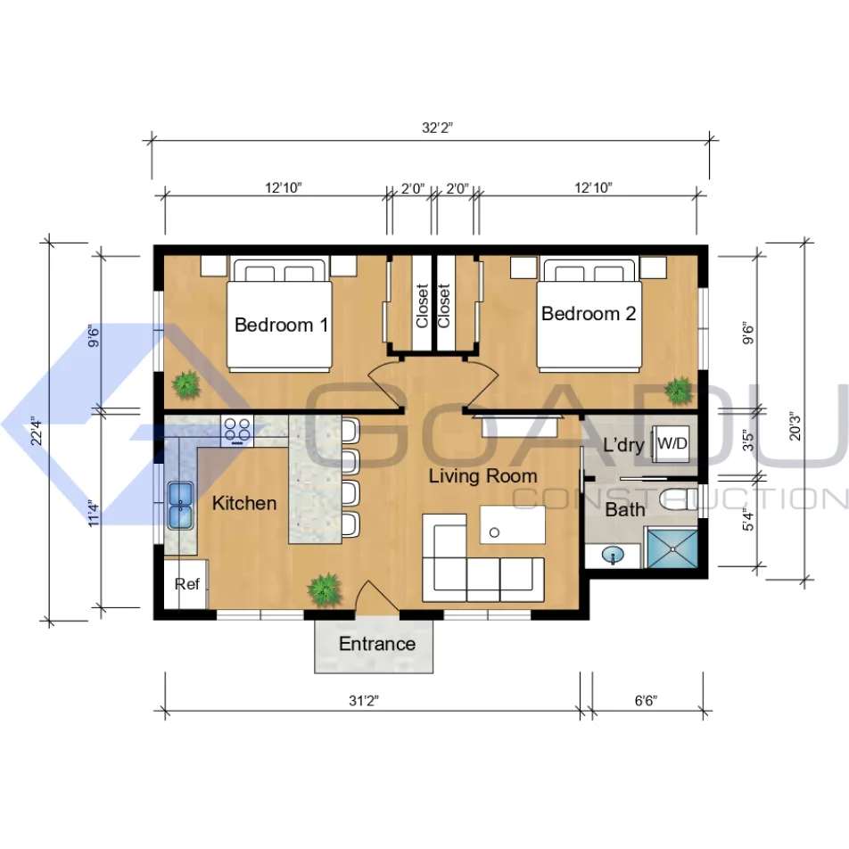 Custom Home floor plan with dimensions, featuring two bedrooms, bathroom, kitchen, living room, laundry area, and entrance.