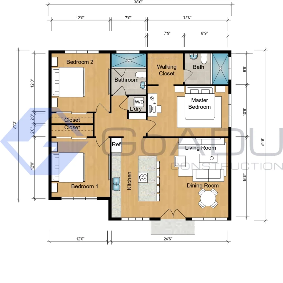 Custom Home floor plan with three bedrooms, two bathrooms, kitchen, living room, dining room, laundry, and walk-in closet.