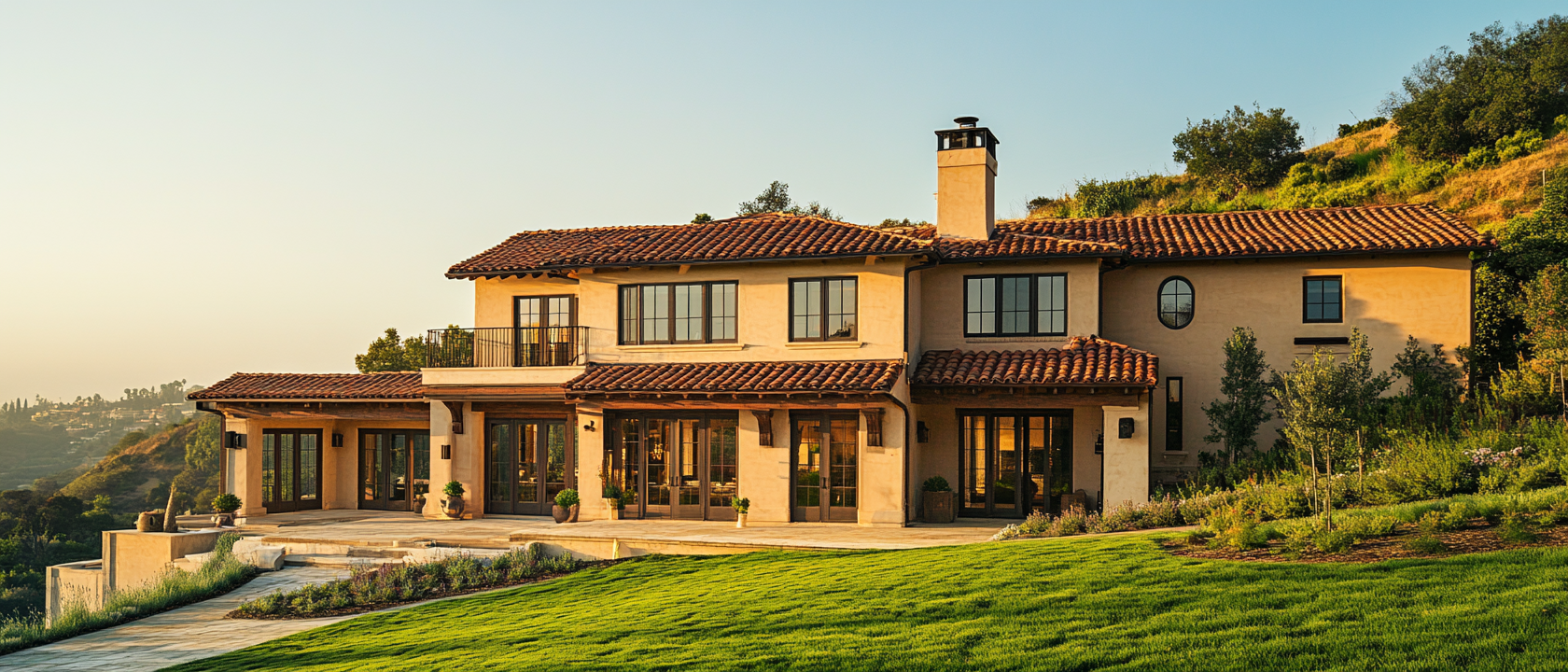 wide exterior view of a stunning newly completed Los Angeles custom home, warm late afternoon light, dramatic architecture, clean and precise construction, green hillside visible in background, implies quality and trust, no people, professional architectural photography, warm California natural light, luxury residential construction, Los Angeles