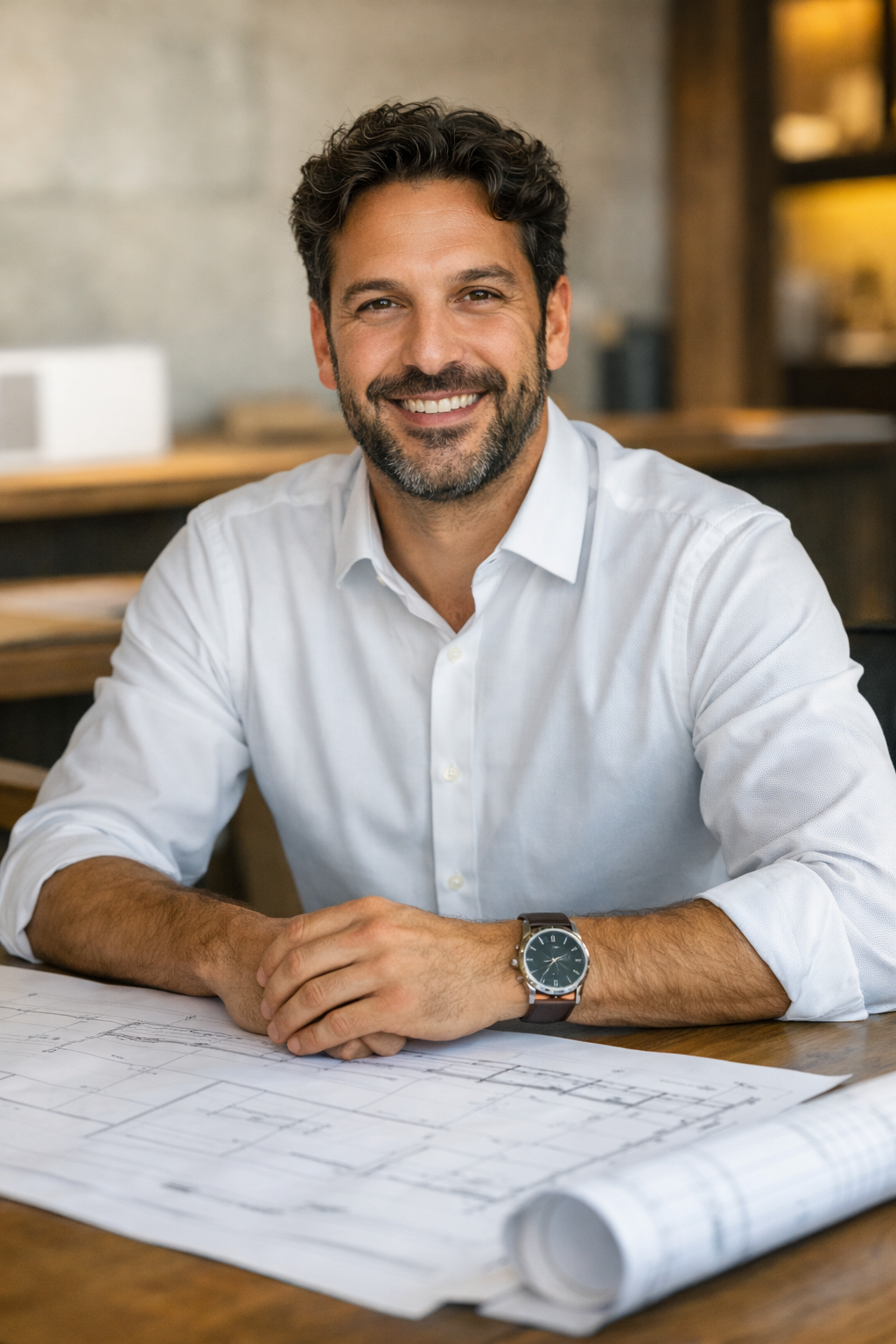 Gil Vaisman, a professional man in smart business casual at a modern construction company desk, blueprints and material samples visible behind him, warm confident expression, natural lighting, mid-career, trustworthy and capable, shallow depth of field, professional architectural photography, warm California natural light, luxury residential construction, Los Angeles