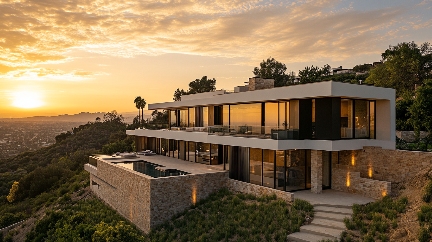 grand newly completed custom home on a gentle hillside lot in Los Angeles at golden hour, modern luxury architecture, clean lines, stone and wood exterior, city lights visible in the valley below, dramatic sky, manicured landscaping, no people, professional architectural photography, warm California natural light, luxury residential construction, Los Angeles
