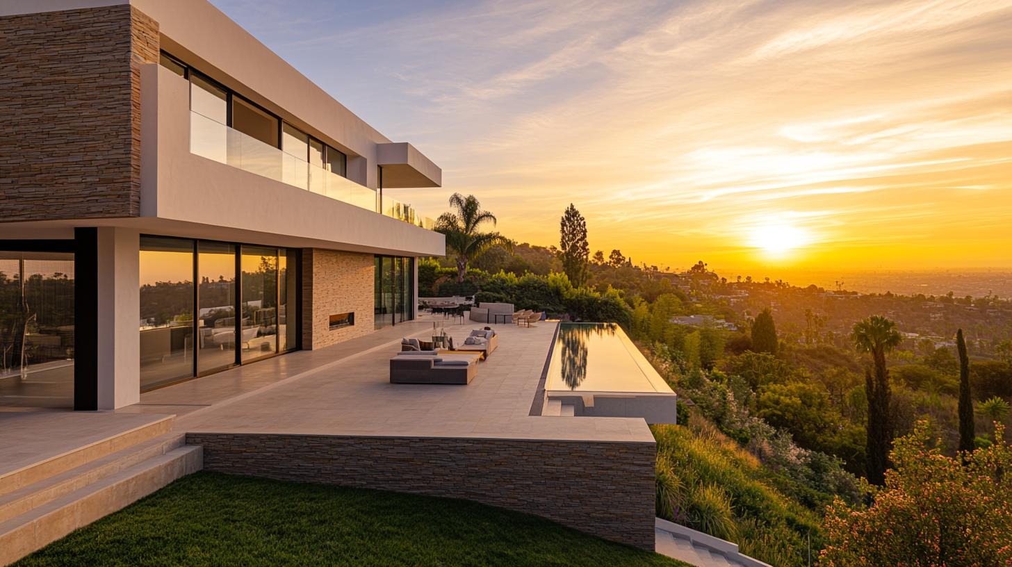grand newly completed custom home on a gentle hillside lot in Los Angeles at golden hour, modern luxury architecture, clean lines, stone and wood exterior, city lights visible in the valley below, dramatic sky, manicured landscaping, no people, professional architectural photography, warm California natural light, luxury residential construction, Los Angeles