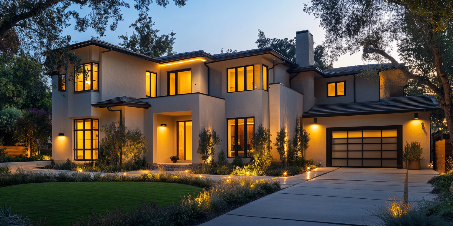 newly completed custom home exterior at dusk in a Los Angeles residential neighborhood, warm architectural lighting illuminating the facade, manicured front landscaping, modern craftsman exterior, neighboring mature trees, golden sky, no people, professional architectural photography, warm California natural light, luxury residential construction, Los Angeles
