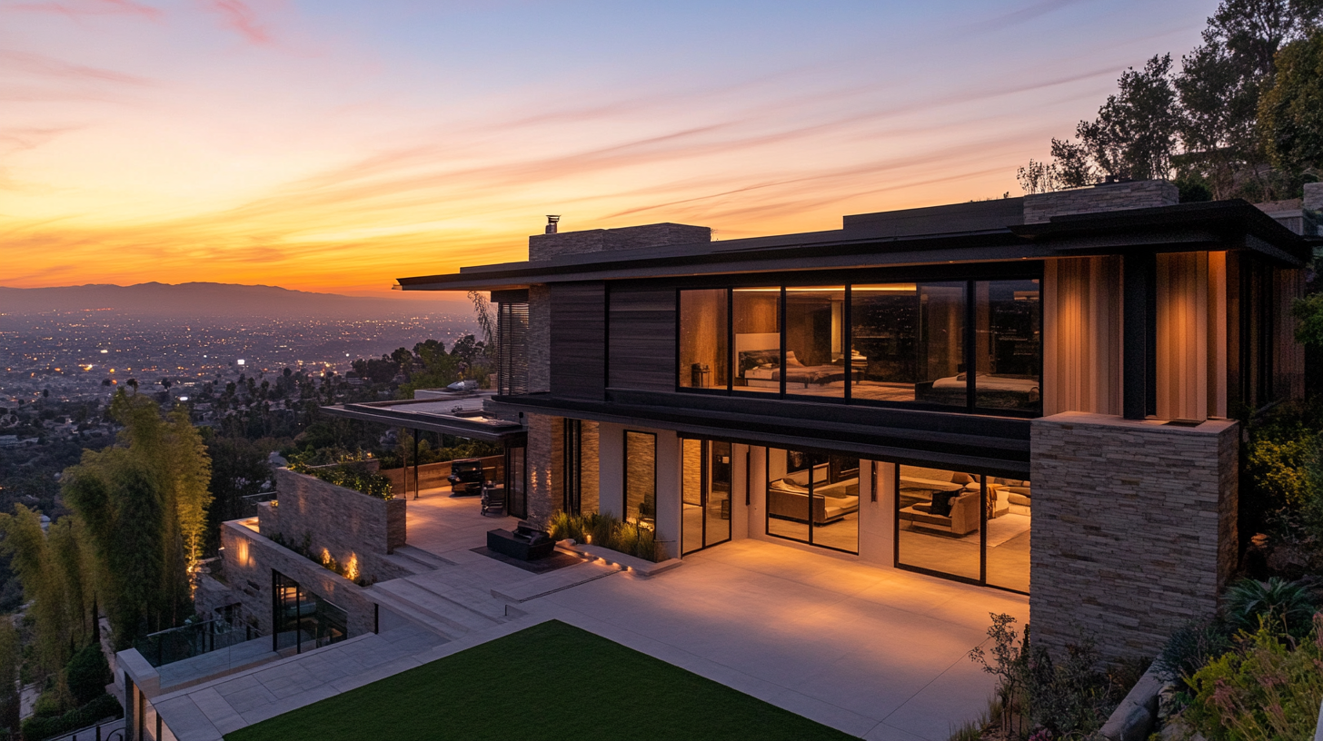 grand newly completed custom home on a gentle hillside lot in Los Angeles at golden hour, modern luxury architecture, clean lines, stone and wood exterior, city lights visible in the valley below, dramatic sky, manicured landscaping, no people, professional architectural photography, warm California natural light, luxury residential construction, Los Angeles