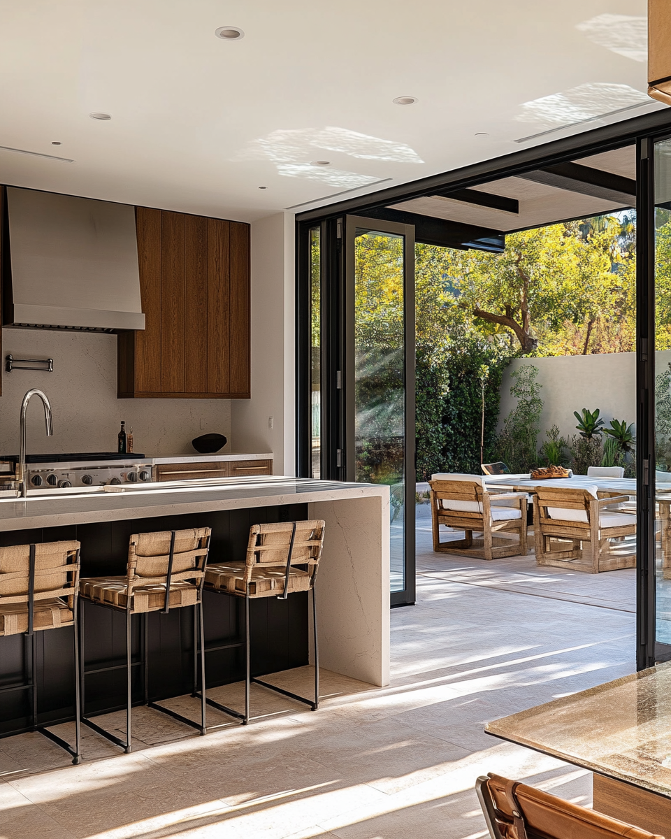 luxury custom home kitchen with La Cantina folding glass doors open to an outdoor patio in Los Angeles, warm materials, waterfall island, professional-grade appliances, California indoor-outdoor living, no people, professional architectural photography, warm California natural light, luxury residential construction, Los Angeles