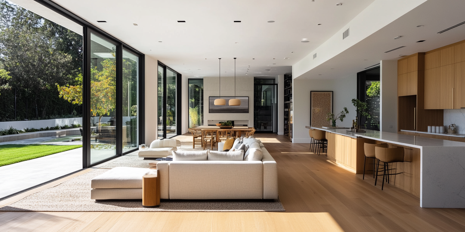 bright open-concept living room and kitchen in a Los Angeles luxury custom home, white walls, wide plank white oak floors, modern minimalism, floor-to-ceiling windows, California morning light flooding in, no people, professional architectural photography, warm California natural light, luxury residential construction, Los Angeles