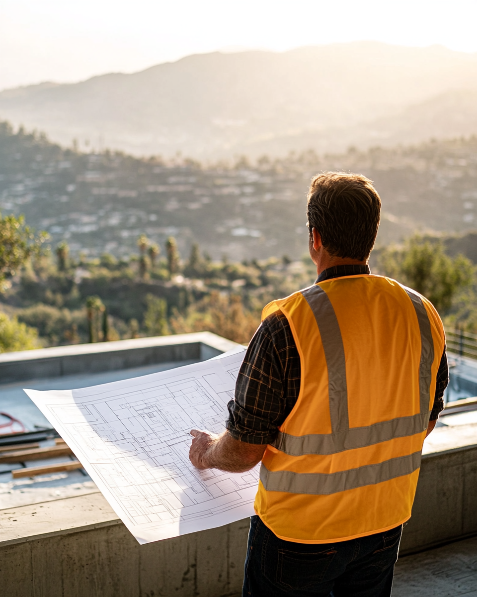 construction manager in clean safety vest reviewing architectural plans on a premium residential construction site in Los Angeles, organized framing visible in background, hills in distance, professional and capable, no faces fully visible, professional architectural photography, warm California natural light, luxury residential construction, Los Angeles