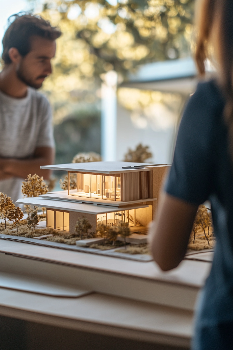 two professionals examining a detailed architectural scale model of a custom home on a large table, warm studio lighting, modern Los Angeles architecture firm, one person pointing at the model, collaborative discovery session, no faces fully visible, professional architectural photography, warm California natural light, luxury residential construction, Los Angeles