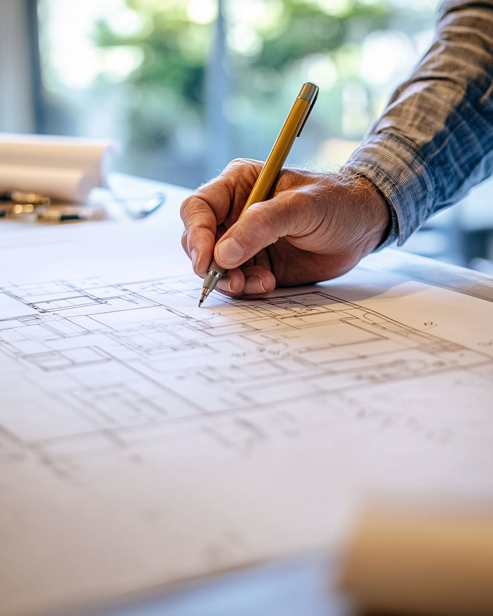 close-up of skilled hands drawing precise architectural floor plans on a large white drafting sheet, professional drafting tools nearby, warm natural window light, clean and organized workspace, sense of precision and expertise, professional architectural photography, warm California natural light, luxury residential construction, Los Angeles