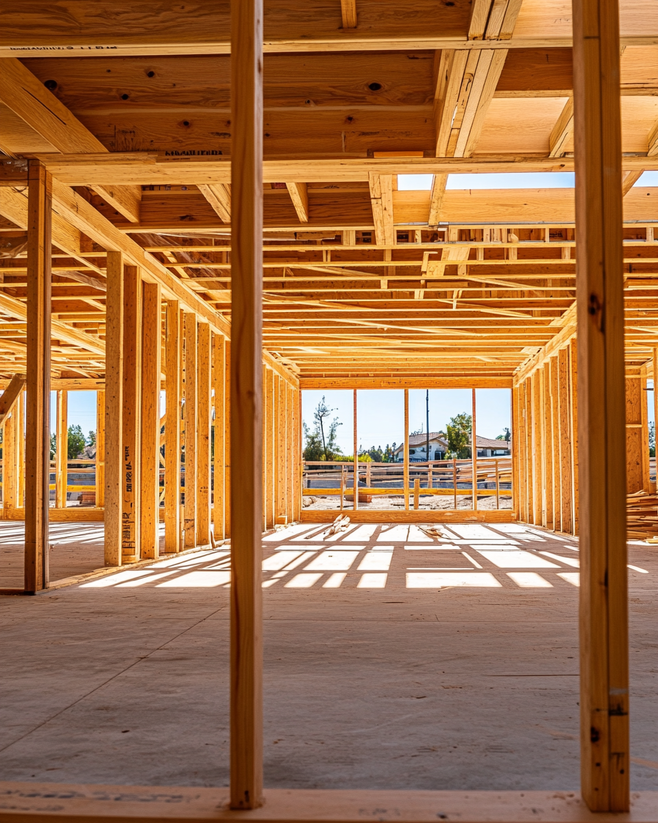 premium residential construction framing in progress, precise timber and beam work, clear California sky visible through open structure, clean organized site, sense of craftsmanship and quality, no workers, professional architectural photography, warm California natural light, luxury residential construction, Los Angeles