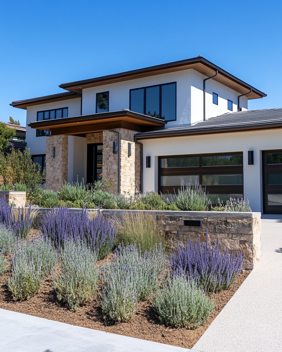 a completed custom home exterior in bright California daylight, modern craftsman architecture, pristine condition, Los Angeles residential neighborhood, well-maintained landscape with drought-tolerant plants, clear blue sky, a sense of finished pride and quality, no people, professional architectural photography, warm California natural light, luxury residential construction, Los Angeles